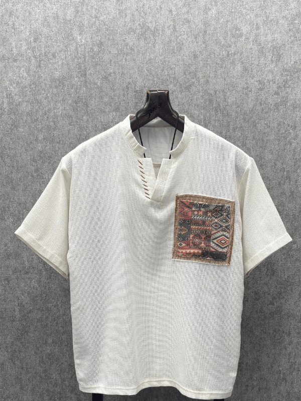 Oversize Bohem El İşi Detaylı Yıkamalı Kırık Beyaz Pamuk Keten Tshirt
