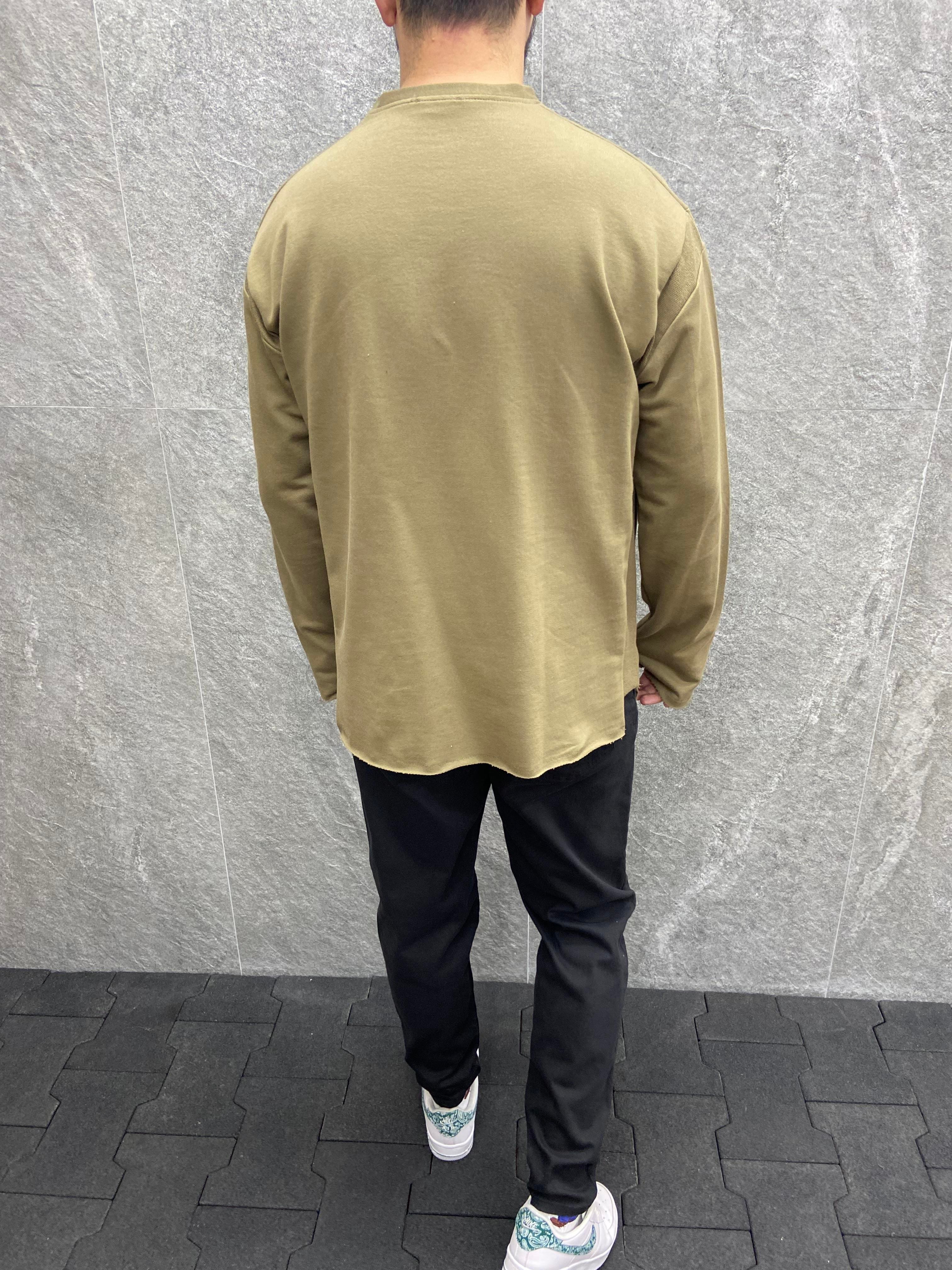 Oversize Parmak Geçmeli Pamuklu Haki Sweatshirt