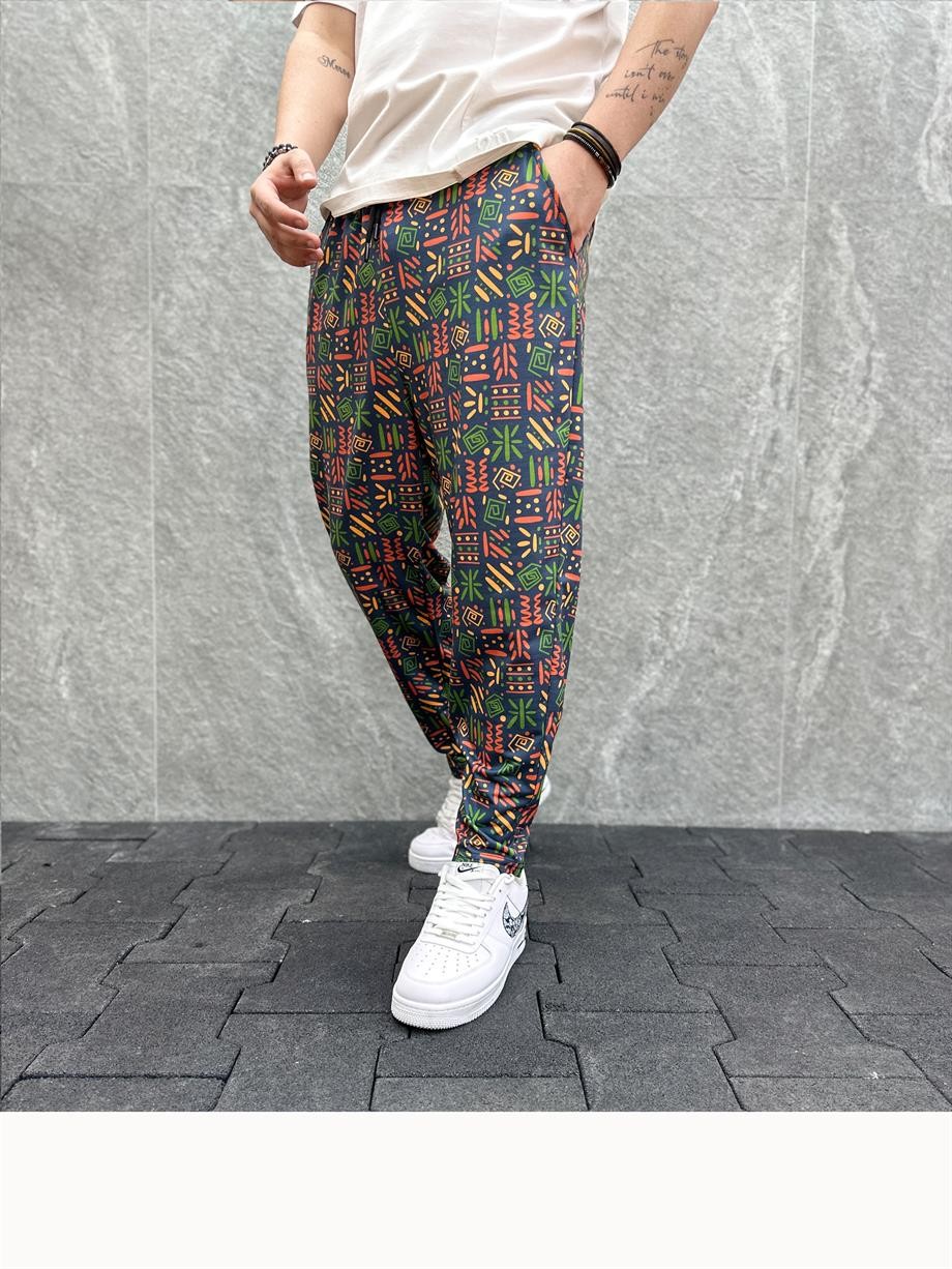 Beli Lastikli Aztek Desenli  Baggy Pantolon