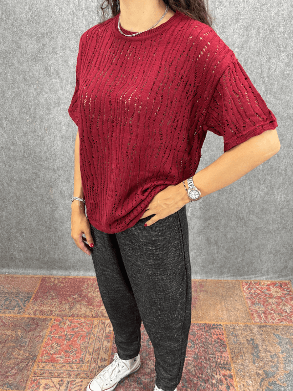 Oversize Delikli Bordo Triko Tshirt 