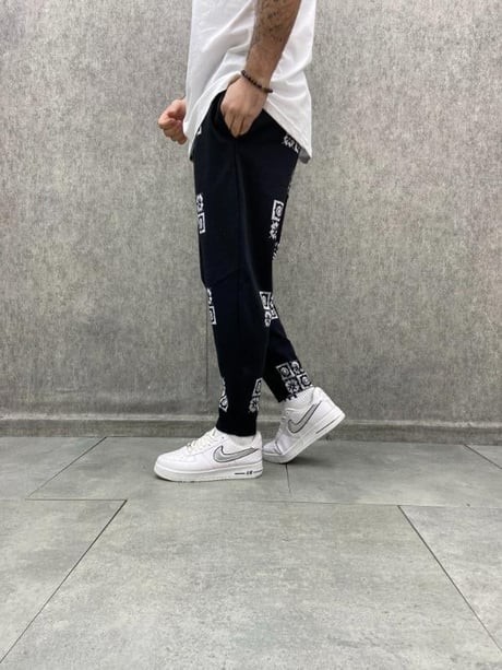 Beli Lastikli Desenli Siyah Baggy Pantolon