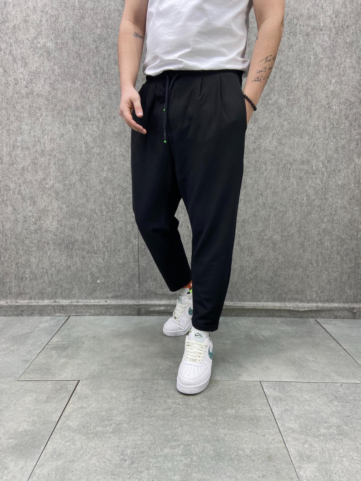 Beli Lastikli Pileli Waffle Örme Kumaş Bilek Paça Siyah Baggy Pantolon