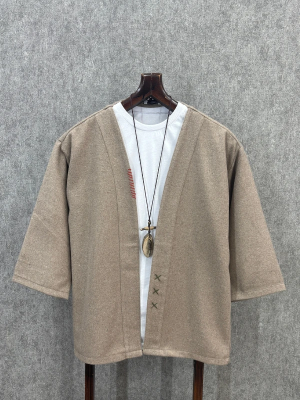 Oversize Fakir Kol Pamuklu El İşi Detaylı Toprak Kimono