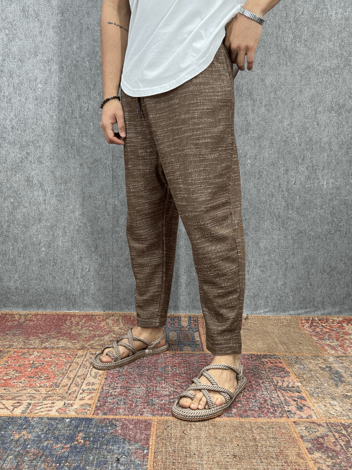 Beli Lastikli Pamuk Keten Kahverengi Baggy Pantolon 