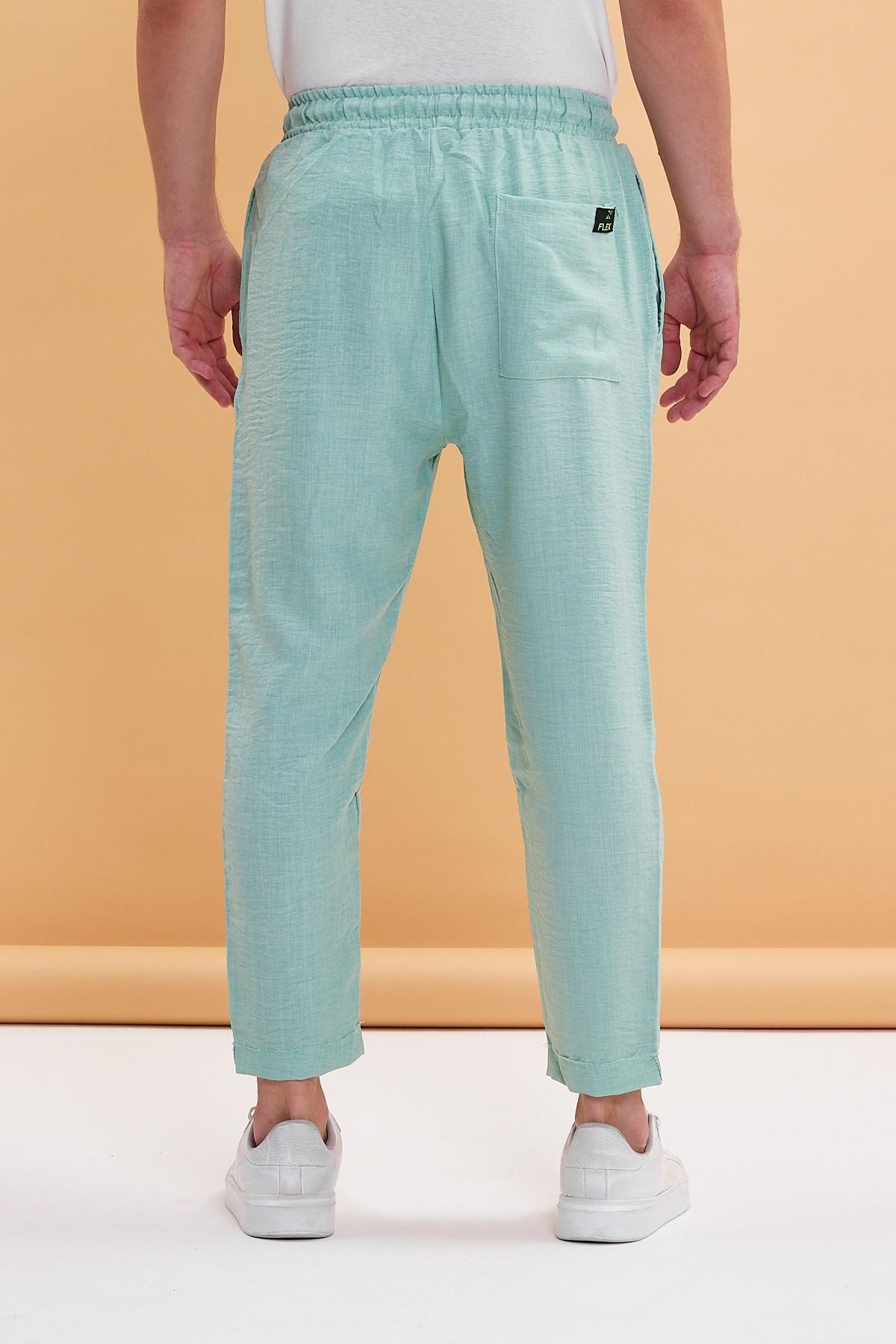 Beli Lastikli Viscon Keten Bilek Paça  Pantolon