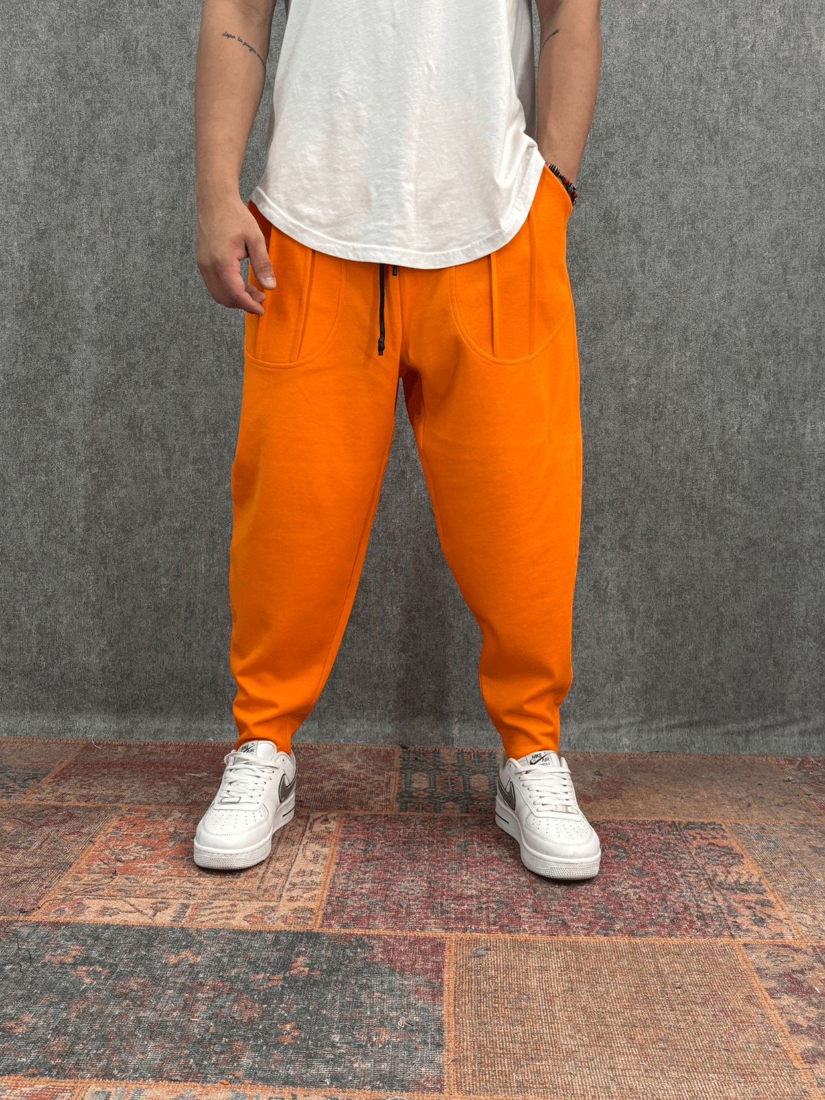 Beli Lastikli Cep Nervür Detaylı Turuncu Baggy Pantolon
