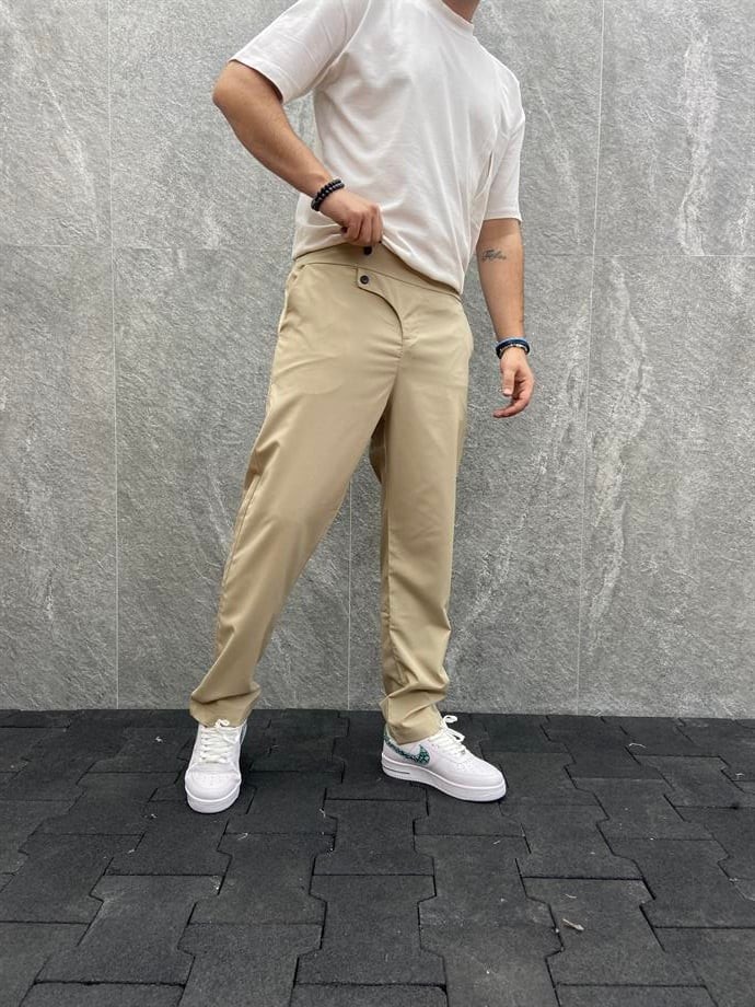 Paraşüt Kumaş Beli Lastikli Bej  Pantolon