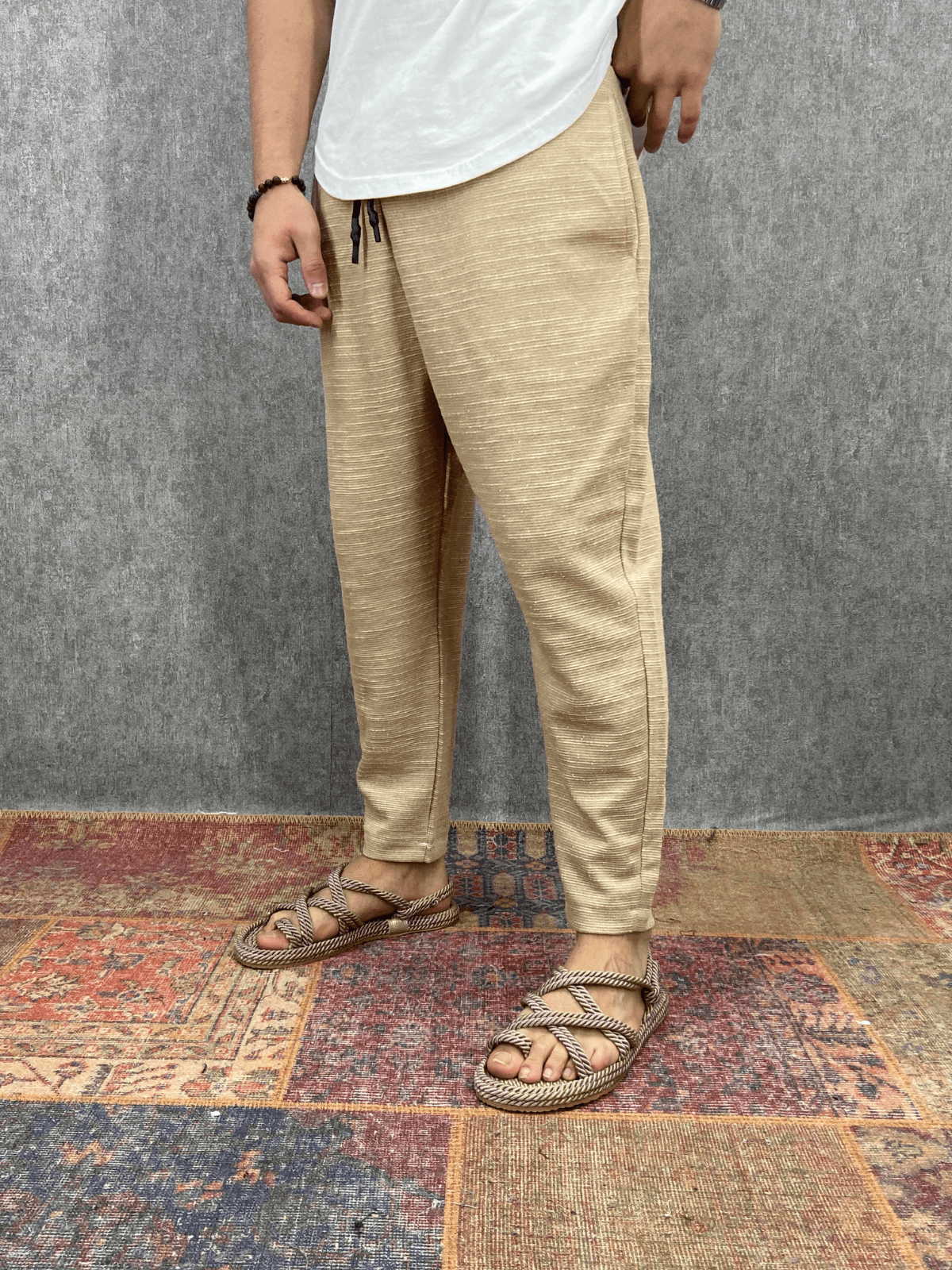 Beli Lastikli Pamuk Keten Bej Baggy Pantolon
