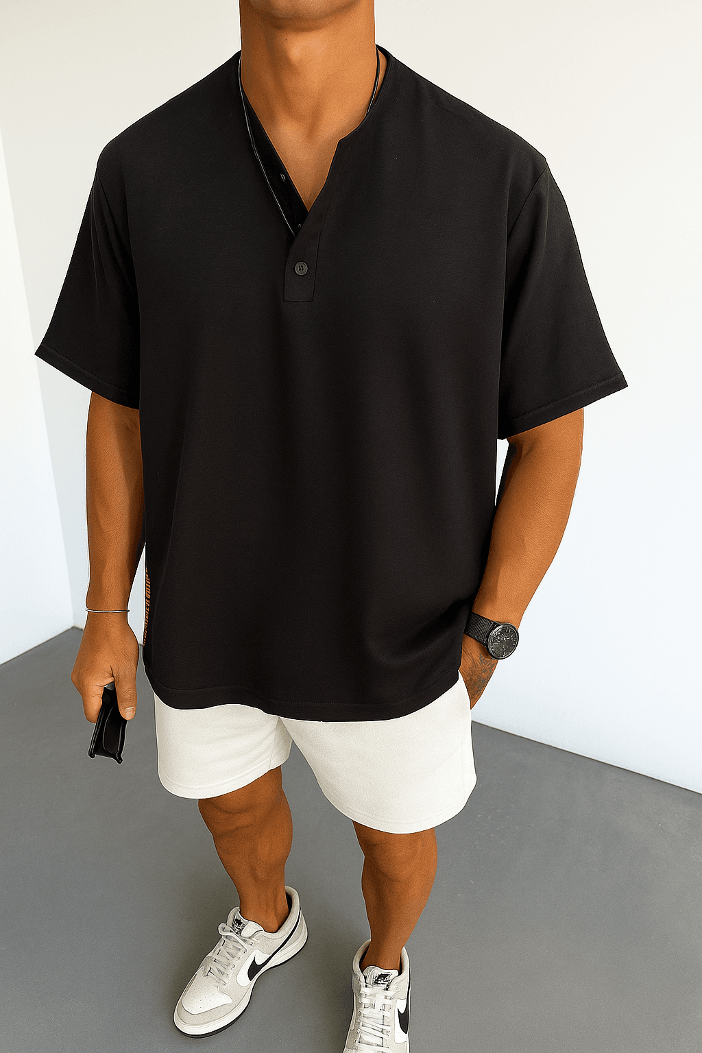 Oversize Nopeli Yırtmaç Detaylı Yarım Patlı Siyah Pamuk Keten Tshirt
