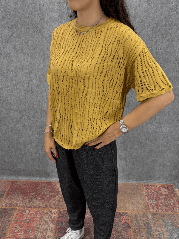 Oversize Delikli Hardal Triko Tshirt 