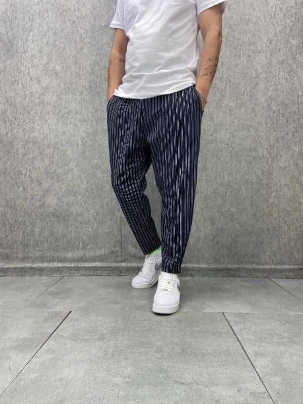 Beli Lastikli Düz Paça Çizgili  Baggy Pantolon