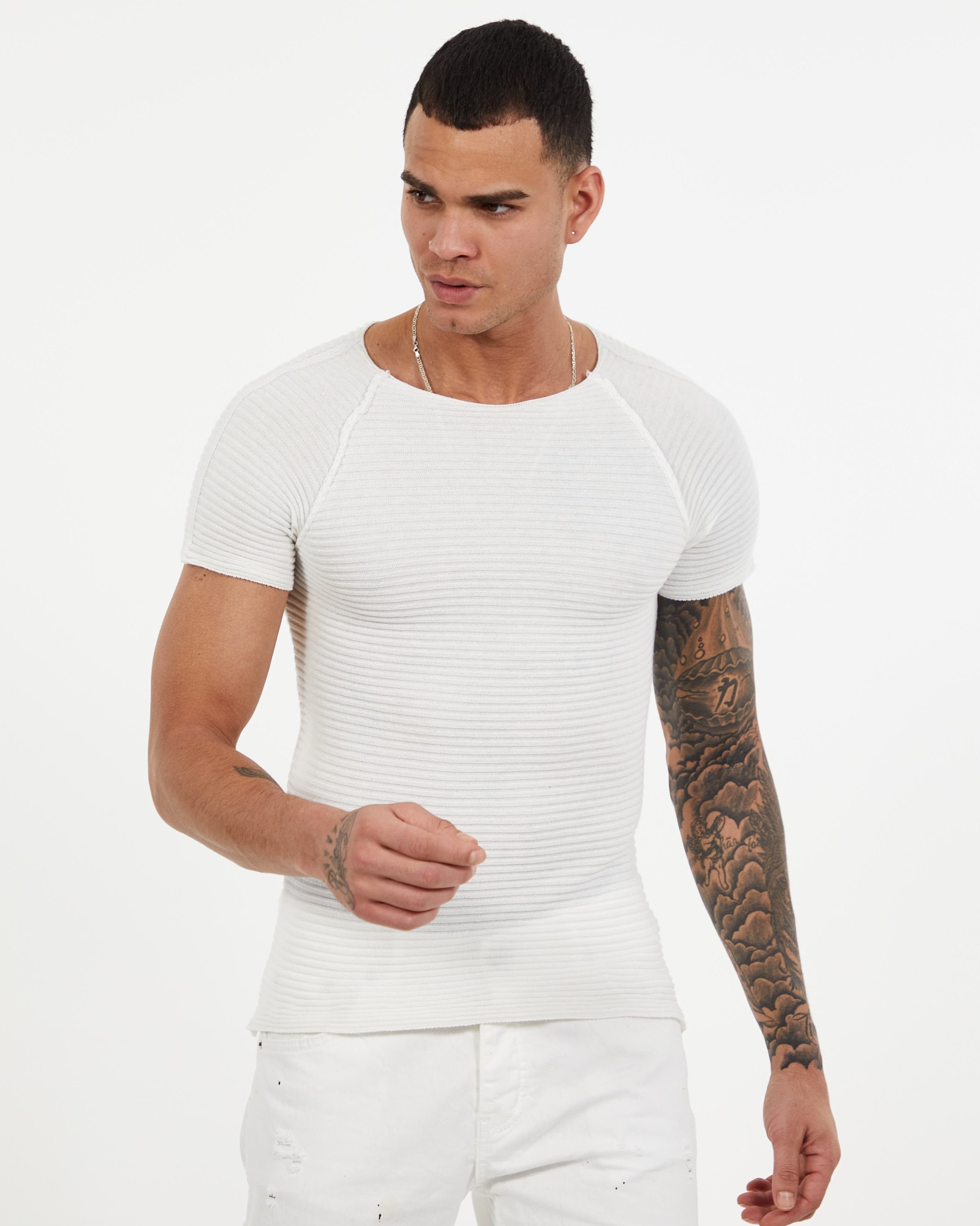 Regular Açık Yaka Beyaz Triko Tshirt