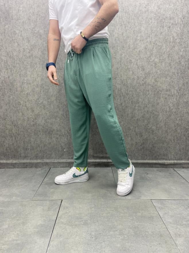 Rahat Kalıp  Beli Lastikli Bilek Paça Pamuk Viscon Yeşil Pantolon