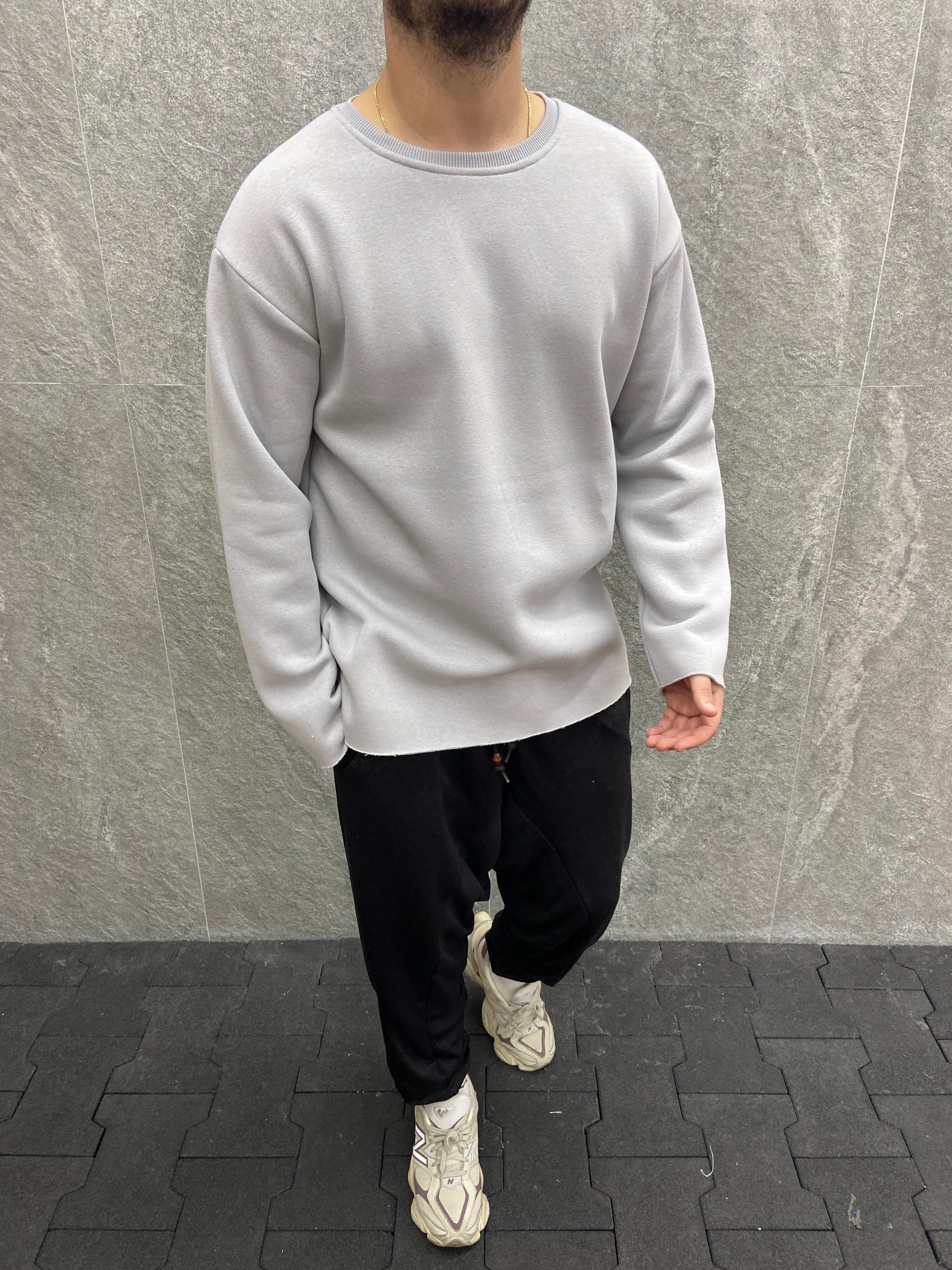 Oversize Pamuk Şardonlu Lazer Kesim Gri Sweatshirt