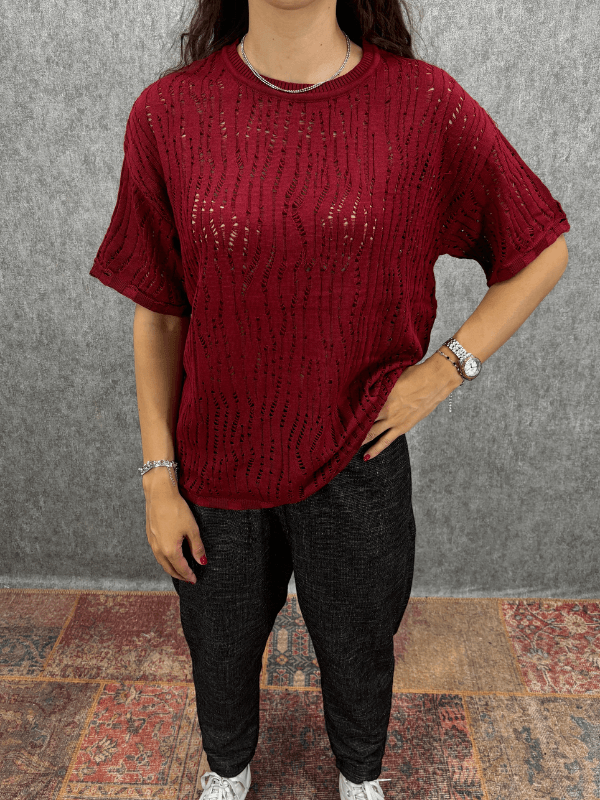 Oversize Delikli Bordo Triko Tshirt 