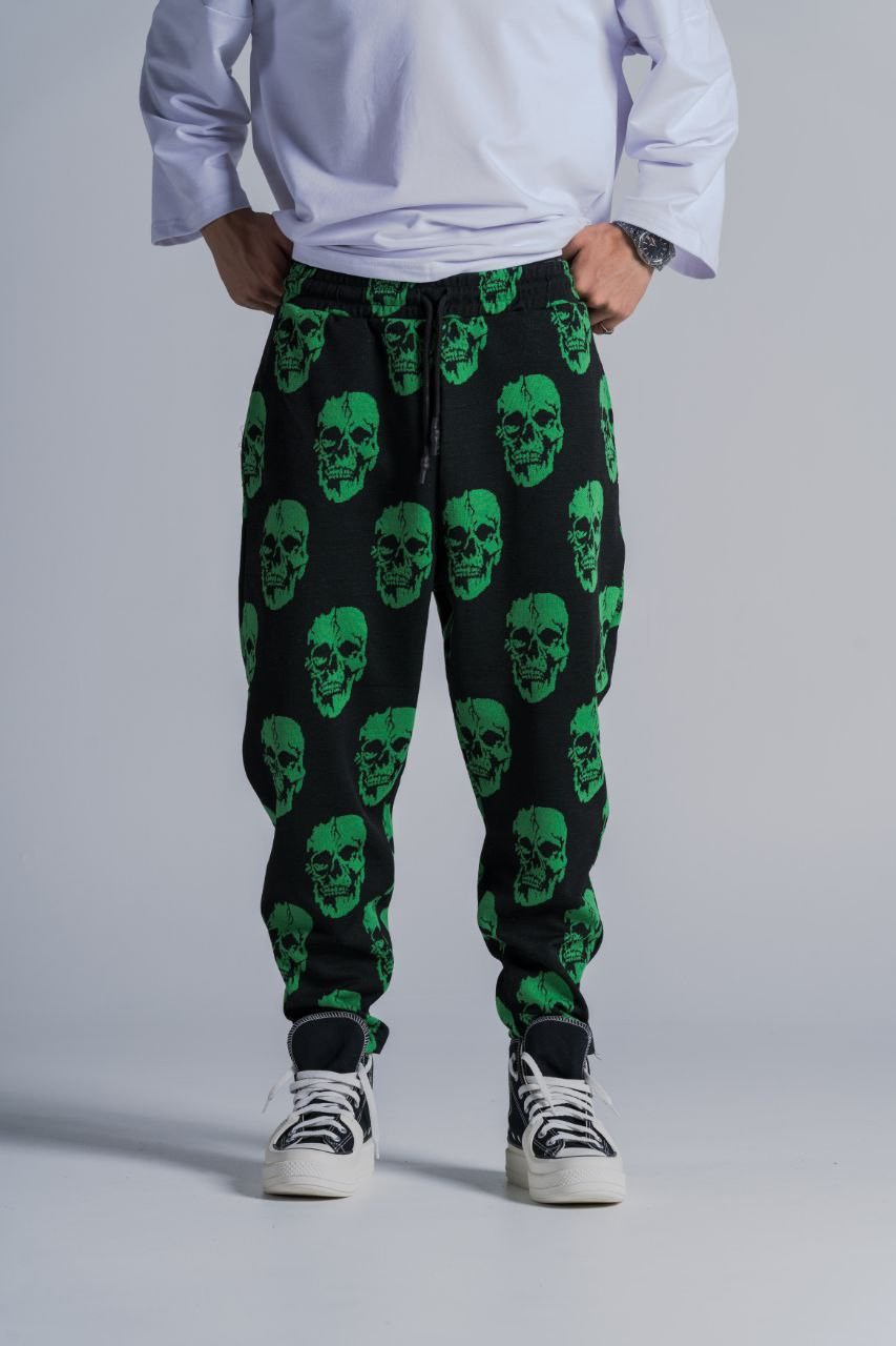 Beli Lastikli Skull Desenli Baggy Pantolon