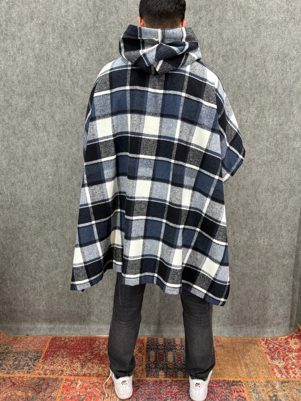 Oversize Kapüşonlu Desenli  Panço