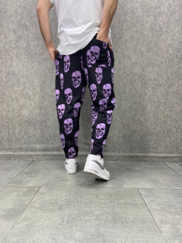 Beli Lastikli Skull Desenli  Baggy Pantolon