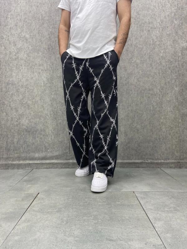 Beli Lastikli Stoperli Boru Paça Siyah  Desenli  Baggy Pantolon