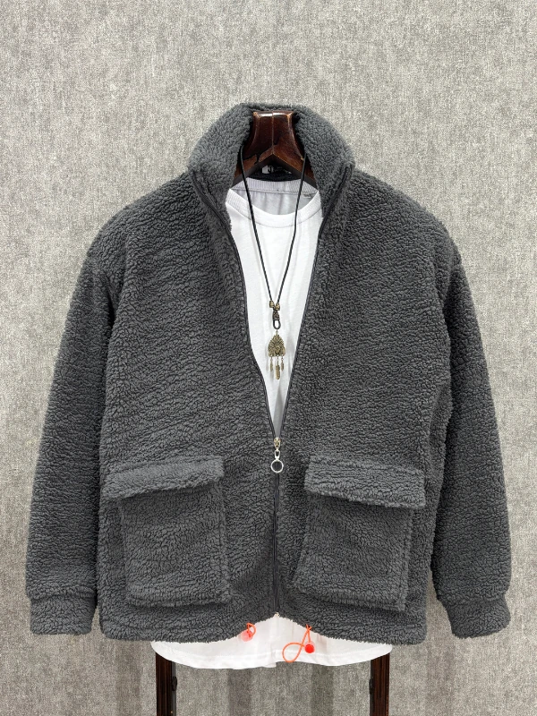 Oversize Fermuarlı Antrasit Peluş Sweatshirt