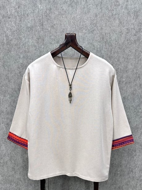 Süper Oversize Fakir Kol  Bohem Bej Pamuklu Tshirt