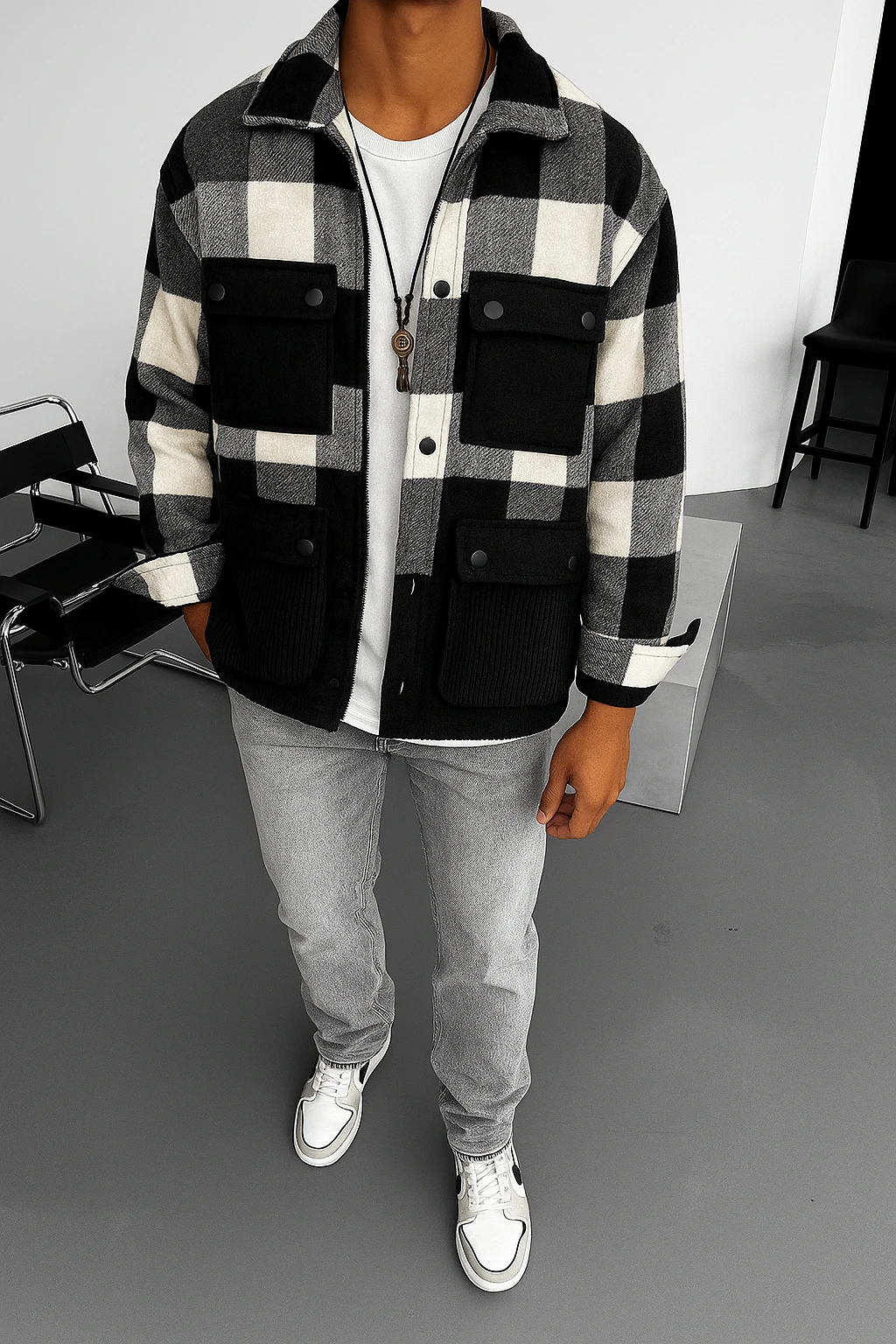 Oversize Pamuk Ekoseli Dört Cepli Gömlek 