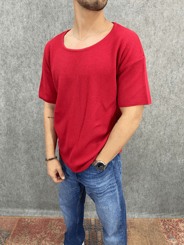 Oversize Kırmızı Triko Tshirt 