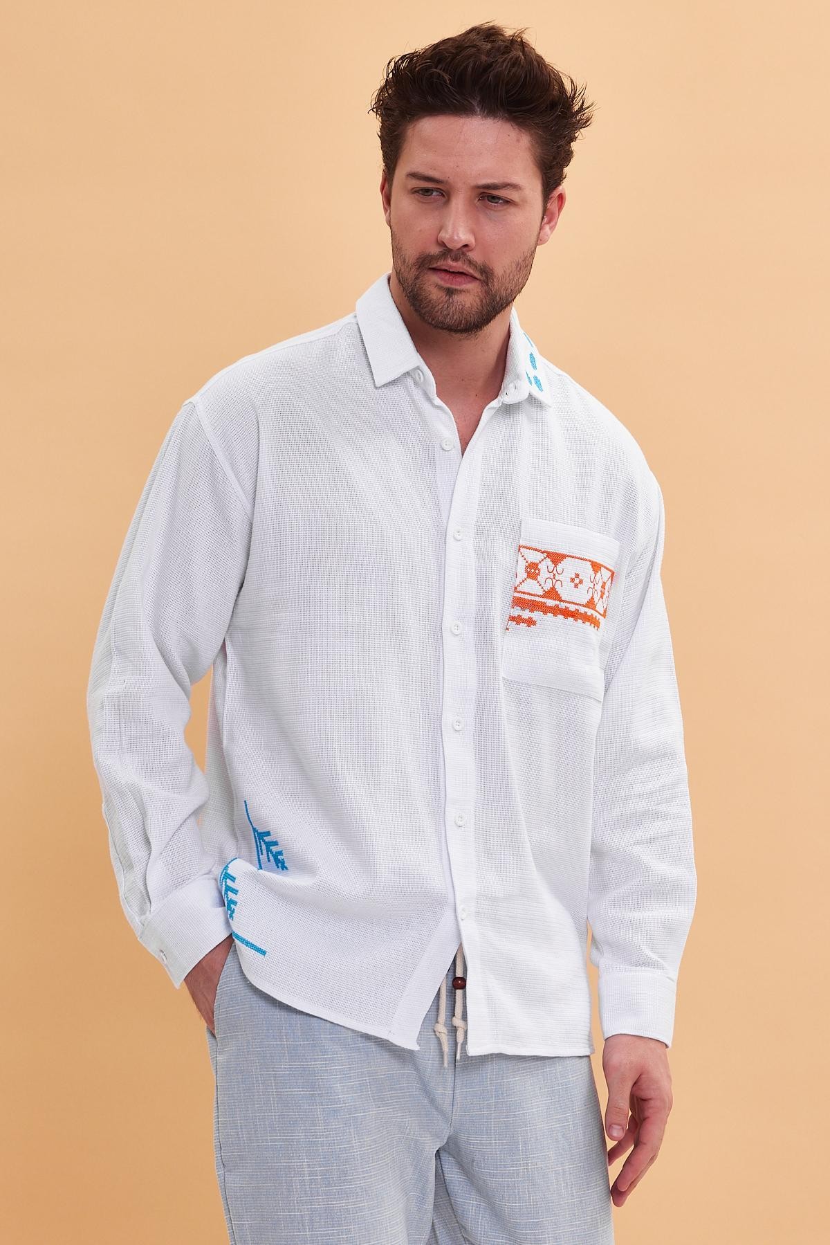 Oversize Authentic  Nakış Detaylı Bohem Pamuk Keten Beyaz  Gömlek