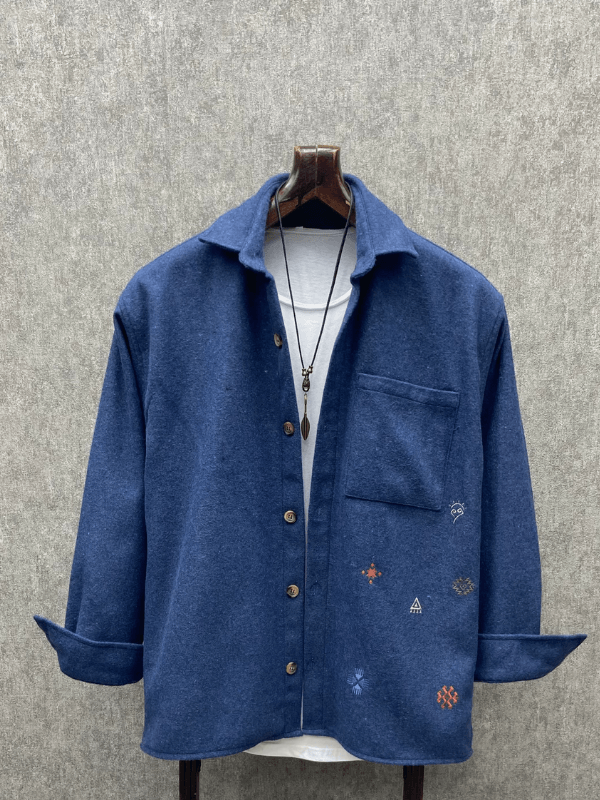Oversize Nakış Detaylı Bohem Pamuk Kaşe İndigo Gömlek