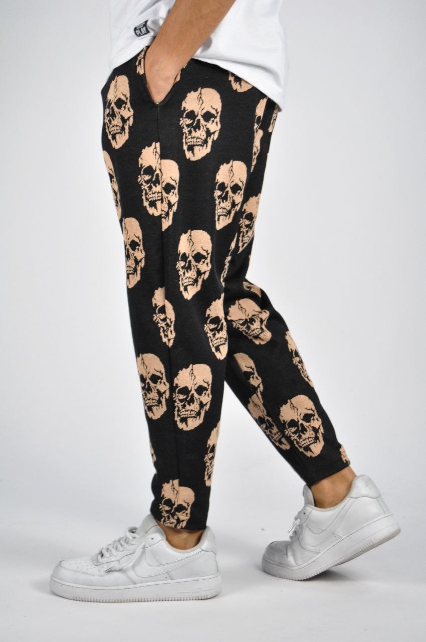 Beli Lastikli Skull Desenli Baggy Pantolon