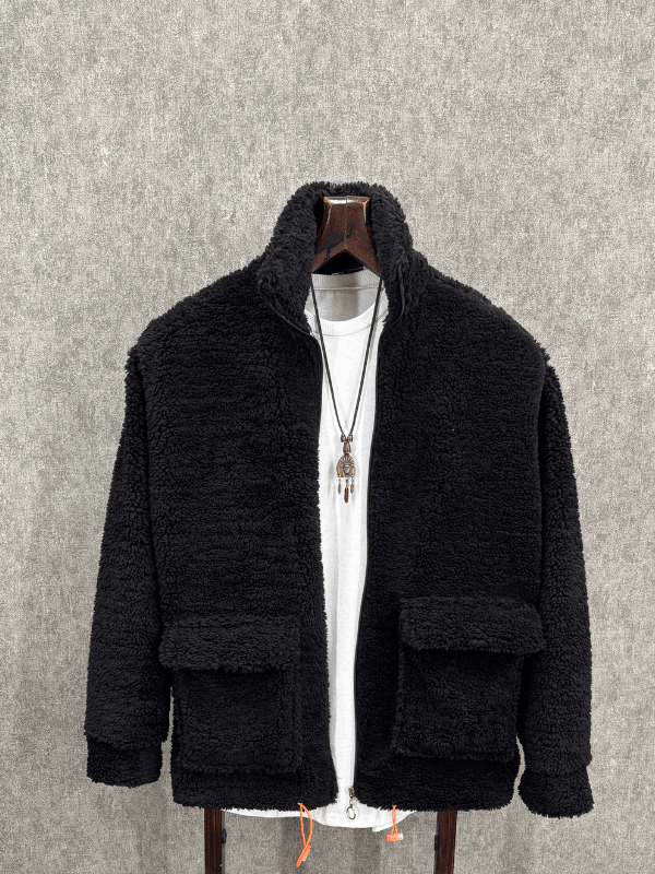 Oversize Fermuarlı Siyah Peluş Sweatshirt
