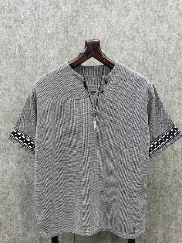 Oversize El İşi Detaylı Pamuk Keten Füme Tshirt