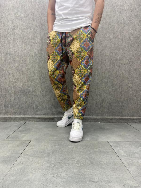 Beli Lastikli Bohem Baggy Desenli Pantolon