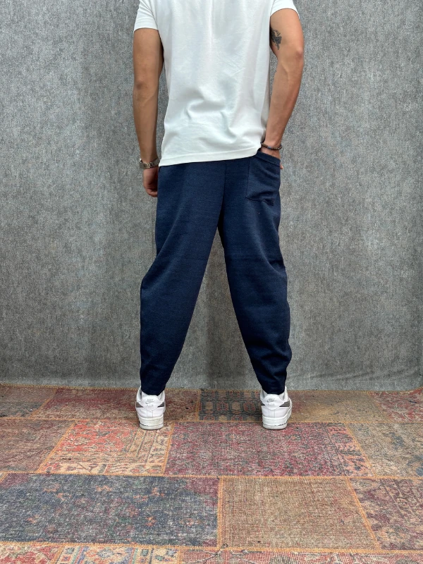 Beli Lastikli Pamuk Dokuma Cep Nervür Detaylı İndigo  Baggy Pantolon