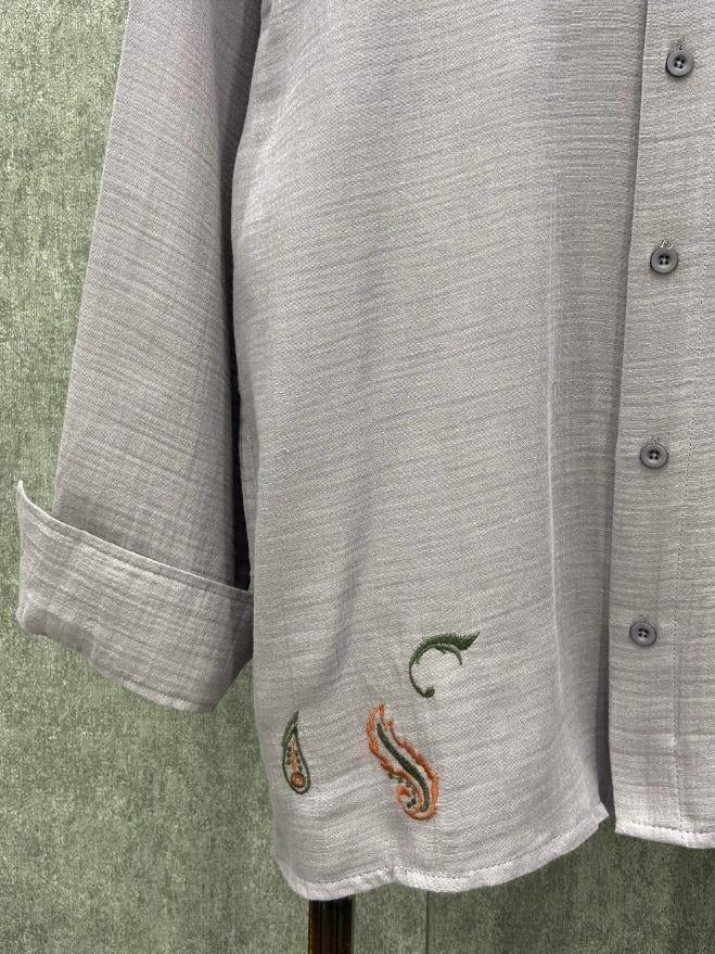 Oversize Nakış Detaylı Hasır Cepli Pamuk Keten Füme  Gömlek