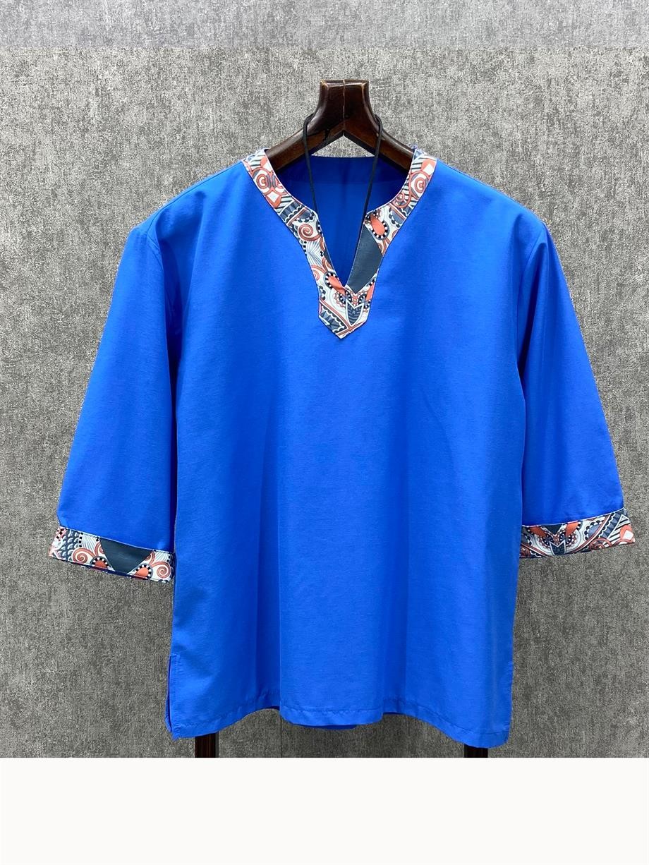 Oversize Fakir Kol Bohem Mavi Dokuma Tshirt