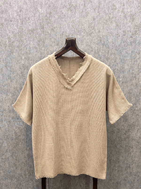 Oversize Bohem Pis Uç Yaka Yıkamalı Toprak Pamuk Keten T-Shirt