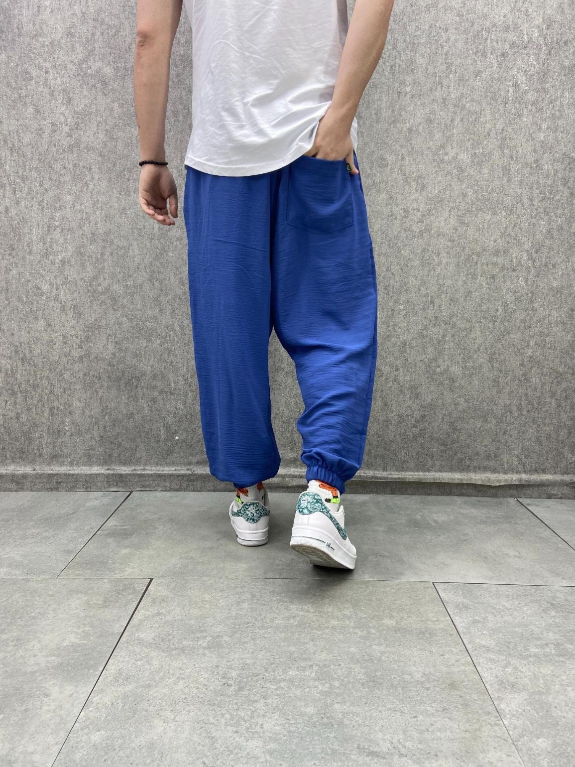 Beli Lastikli Viscon Linen Kumaş İndigo Yarım Şalvar