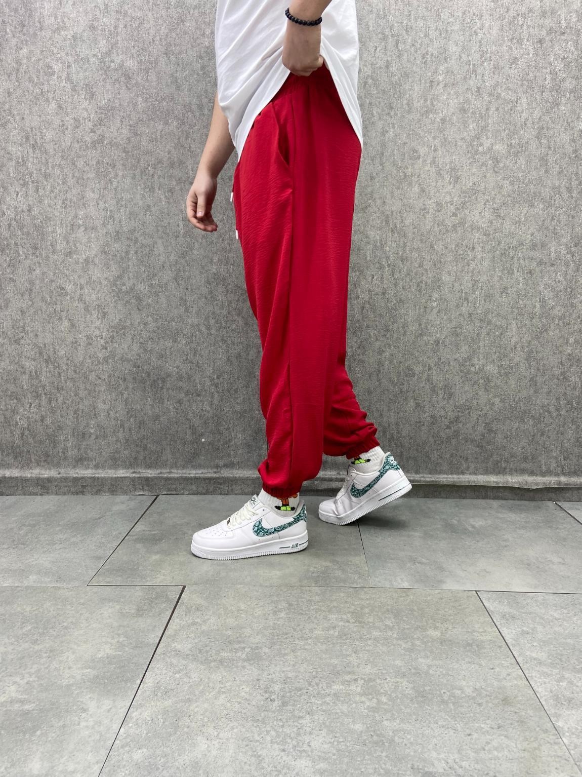 Beli Lastikli Viscon Linen Kumaş Kırmızı Yarım Şalvar