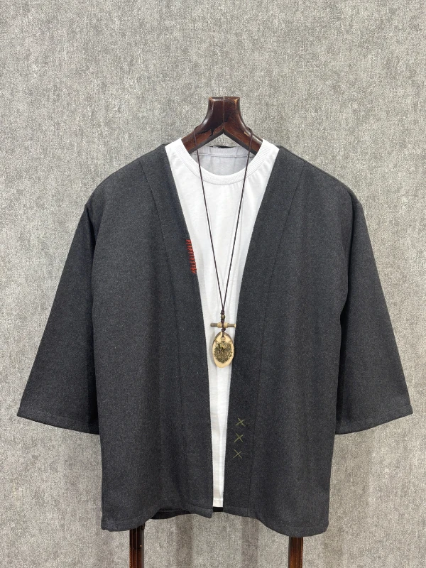 Oversize Fakir Kol Pamuklu El İşi Detaylı Antrasit Kimono