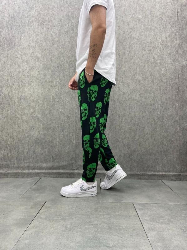 Beli Lastikli Skull Desenli Baggy Pantolon