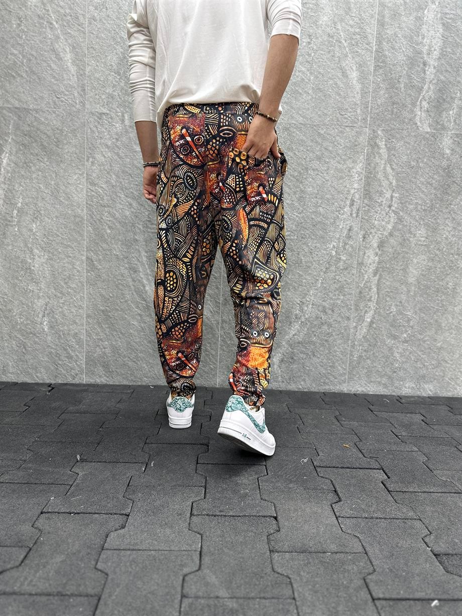 Beli Lastikli Aztek Desenli  Baggy Pantolon