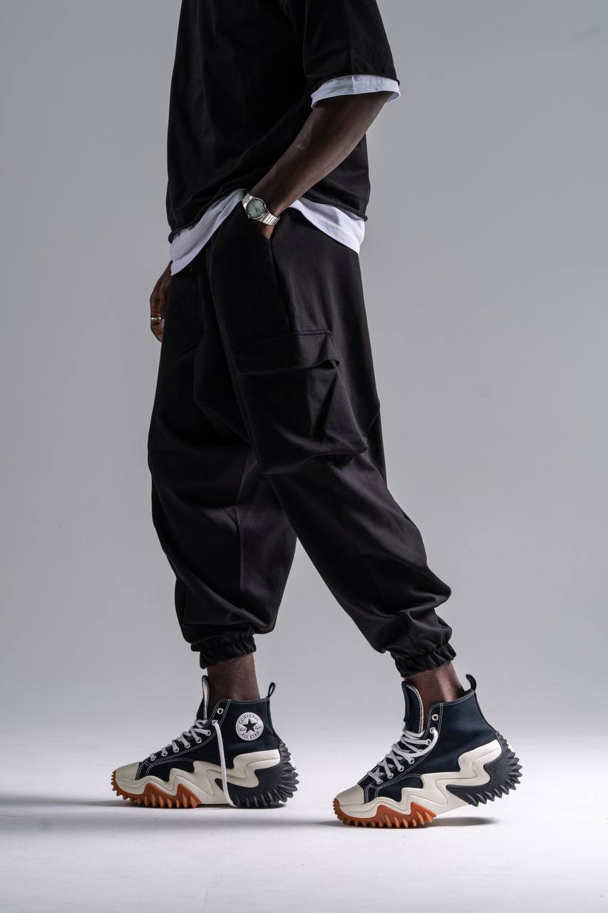 Beli Lastikli Kargo Cepli Siyah Şalvar