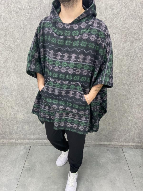 Oversize Kapüşonlu Kanguru Cepli Pamuklu Etnik Panço