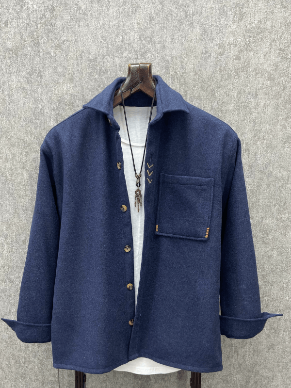 Oversize El İşi Detaylı Pamuk Kaşe İndigo  Gömlek