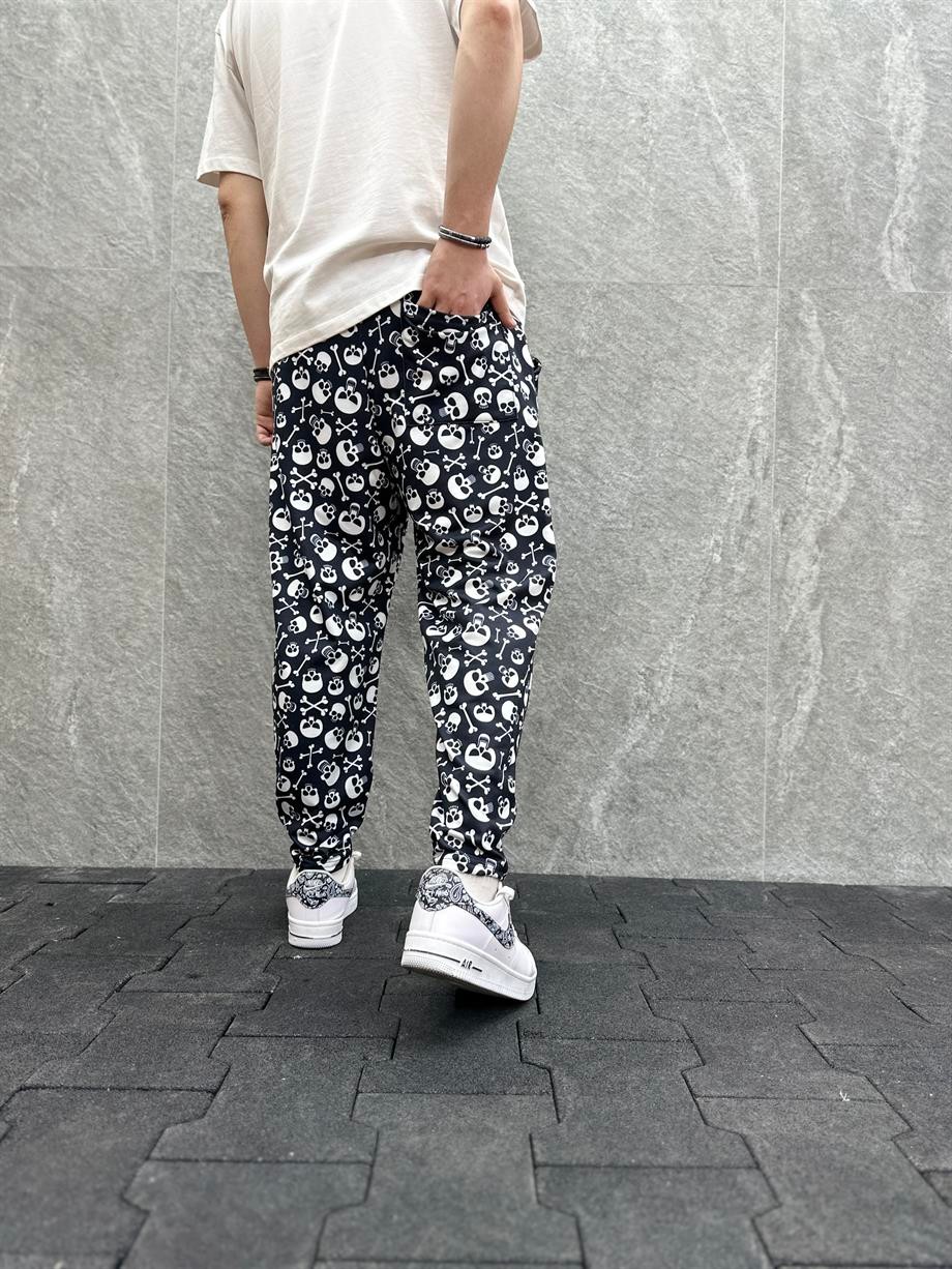 Beli Lastikli Skull Desenli Siyah  Baggy Pantolon