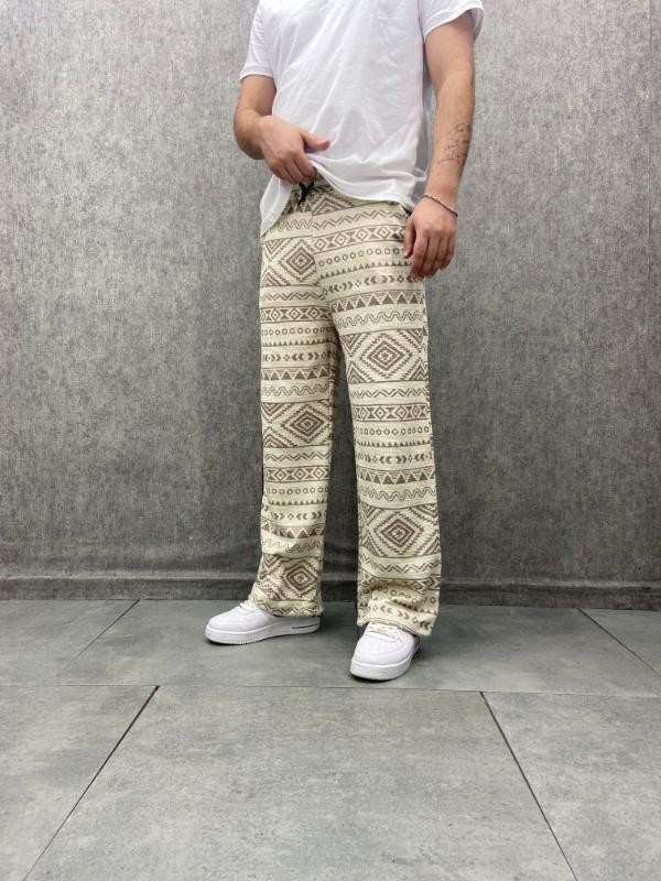 Beli Lastikli Boru Paça Aztek Desenli Pantolon