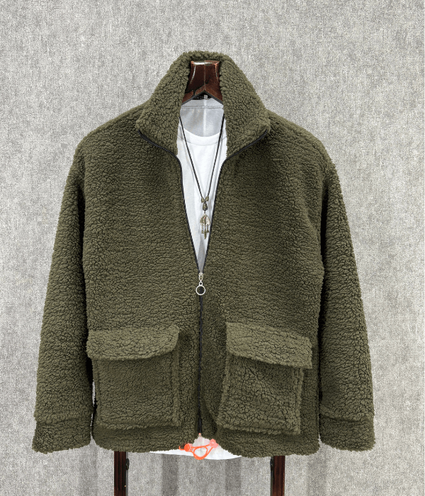 Oversize Fermuarlı Haki Peluş Sweatshirt 