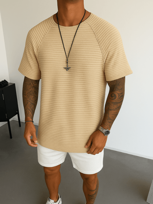 Regular Açık Yaka Bej Triko Tshirt 