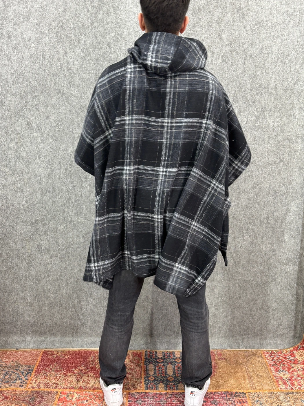 Oversize Kapüşonlu Desenli  Panço